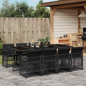 9 részes fekete polyrattan kerti étkezőgarnitúra párnákkal