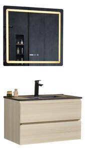 HongKong Sonoma 80 komplett fürdőszoba bútor fali mosdószekrénnyel, fekete slim mosdóval és tükörrel