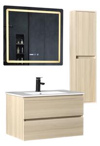 HongKong Sonoma 80 komplett fürdőszoba bútor szett fali mosdószekrénnyel, kerámia mosdóval, tükörrel és magas szekrénnyel