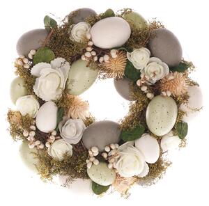 Húsvéti koszorú rózsákkal és tojásokkal szürke fehér szín, átmérő: 30 cm