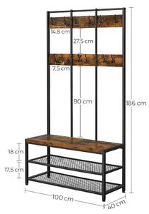 Előszoba bútor / álló fogas / cipőpad - Vasagle Loft - 100 x 184 cm (rusztikus fa - fekete)
