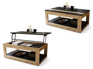 Mazzoni LUSSO Fekete Matt/Artisan Tölgy - MODERN DOHÁNYZÓASZTAL MEGEMELHETŐ ASZTALLAPPAL + TÁROLÓRÉSSZEL + POLCCAL (GÖRGŐS!)