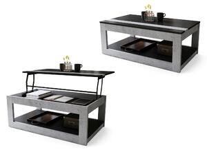 Mazzoni LUSSO Fekete Matt/Millenium Beton- MODERN DOHÁNYZÓASZTAL MEGEMELHETŐ ASZTALLAPPAL + TÁROLÓRÉSSZEL + POLCCAL (GÖRGŐS!)