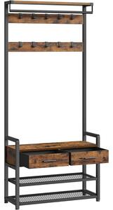 VASAGLE ruhafogas cipőpaddal, 2 fiókkal, 10 kampóval, 6 oldalsó kampóval, 30 x 80, 4 x 181, 6 cm, Vintage barna fekete