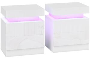 HOMCOM 2 db-os LED éjjeliszekrény szett 4 üzemmóddal, 2 fiókkal, forgácslap, 45x35x52 cm, fényes fehér