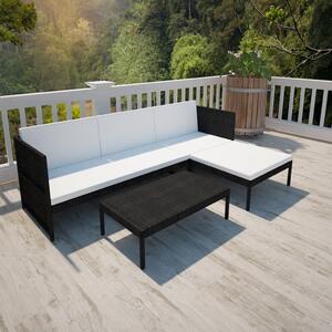 VidaXL 3 részes fekete polyrattan kerti bútorszett párnákkal