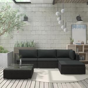 VidaXL 5-részes fekete polyrattan kerti bútorszett párnákkal