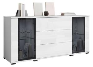 Komód Torcame 101, Edzett üveg, Laminált forgácslap, 70x150x40cm, Fényes fehér, Fehér