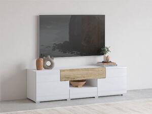 TV-állvány Torsone 101, Laminált forgácslap, 48x159x39cm, Fényes fehér, Fehér, San remo tölgy