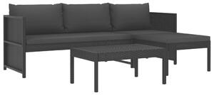 VidaXL 3 részes fekete polyrattan kerti bútorszett párnákkal