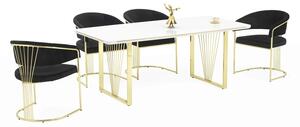 Nora Elit étkezőasztal lakk fehér MDF lappal, arany fém lábakkal 92x180 cm és 6 db Nora székkel