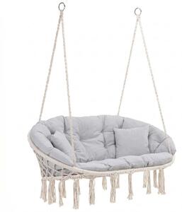 Kettős függőágy-szerű szék házhoz vagy kertbe, párnákkal, boho stílusban, 130x66x120 cm, maximum 300 kg, krémszínű és szürke