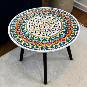 Dekorációs fehér asztal, kézzel festett mandala mintával, biztonsági üveggel, 50 cm