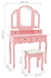 VidaXL rózsaszín császárfa fésülködőasztal-szett ülőkével 100x40x146cm
