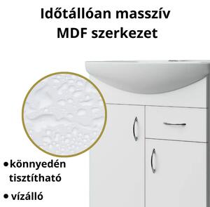 HD STANDARD 65 cm széles álló fürdőszobai mosdószekrény, fényes fehér, króm kiegészítőkkel, 2 ajtóval és 1 fiókkal, íves kerámia mosdóval és LED okostükörrel