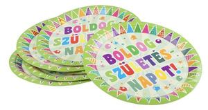 Tányér, papír, 23cm, "Boldog születésnapot", zászlós, 6db/cs