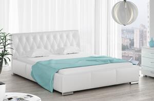 Romana kárpitozott ágy magasított fejtámlával és tárolóval, fehér ökobőr, 160 x 200