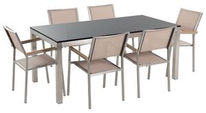 Hatszemélyes fekete gránit étkezőasztal bézs textilén székekkel GROSSETO