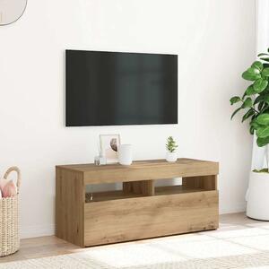 Kézműves tölgy szerelt fa TV-szekrény LED-ekkel 90x35x40 cm