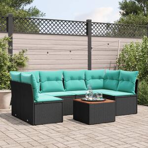 7 részes fekete polyrattan kerti ülőgarnitúra párnákkal