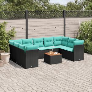 10 részes fekete polyrattan kerti ülőgarnitúra párnával