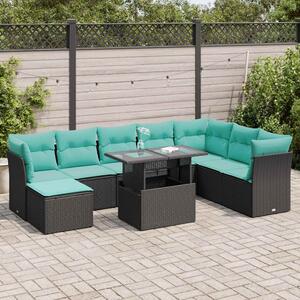 9 részes fekete polyrattan akácfa kerti ülőgarnitúra párnákkal