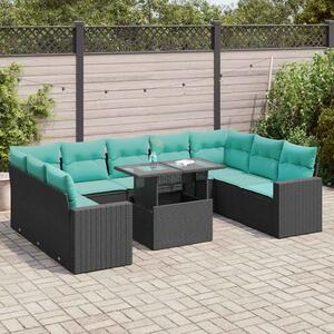 10 részes fekete polyrattan akácfa kerti ülőgarnitúra párnákkal