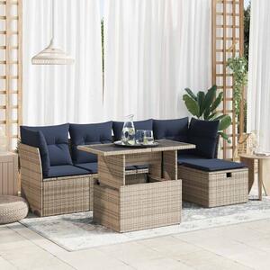 6 részes szürke polyrattan akácfa kerti ülőgarnitúra párnákkal