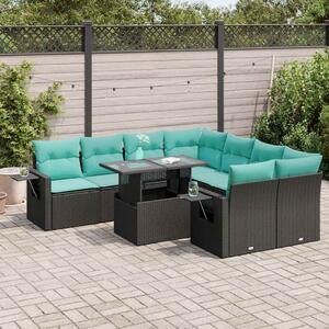9 részes fekete polyrattan akácfa kerti ülőgarnitúra párnákkal