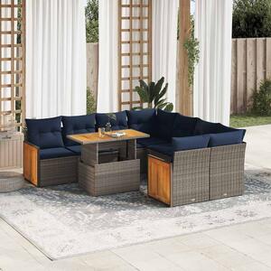 9 részes szürke polyrattan akácfa kerti ülőgarnitúra párnákkal