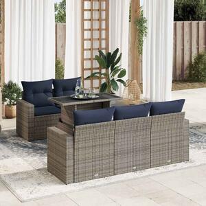 6 részes szürke polyrattan akácfa kerti ülőgarnitúra párnákkal
