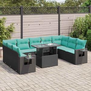 10 részes fekete polyrattan akácfa kerti ülőgarnitúra párnákkal