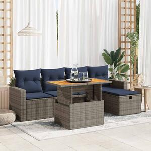 6 részes szürke polyrattan akácfa kerti ülőgarnitúra párnákkal