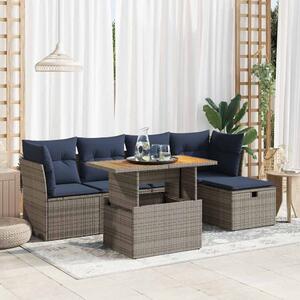 6 részes szürke polyrattan akácfa kerti ülőgarnitúra párnákkal