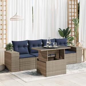 5 részes szürke polyrattan akácfa kerti ülőgarnitúra párnákkal