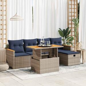6 részes szürke polyrattan akácfa kerti ülőgarnitúra párnákkal