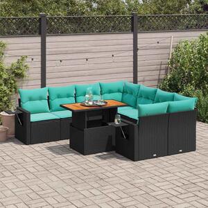 9 részes fekete polyrattan kerti ülőgarnitúra párnákkal