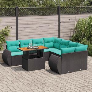 9 részes fekete polyrattan kerti ülőgarnitúra párnákkal