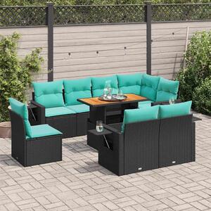 9 részes fekete polyrattan kerti ülőgarnitúra párnákkal