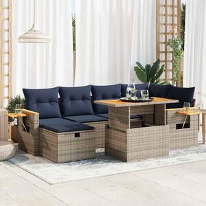 7 részes szürke polyrattan akácfa kerti ülőgarnitúra párnával