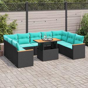 10 részes fekete polyrattan kerti ülőgarnitúra párnákkal