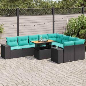 10 részes fekete polyrattan kerti ülőgarnitúra párnákkal