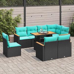 9 részes fekete polyrattan kerti ülőgarnitúra párnákkal