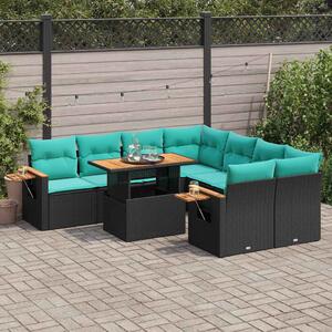 9 részes fekete polyrattan kerti ülőgarnitúra párnákkal