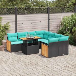 9 részes fekete polyrattan akácfa kerti ülőgarnitúra párnákkal