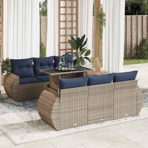 7 részes szürke polyrattan akácfa kerti ülőgarnitúra párnákkal
