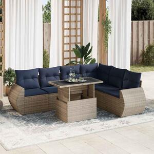 7 részes szürke polyrattan akácfa kerti ülőgarnitúra párnákkal