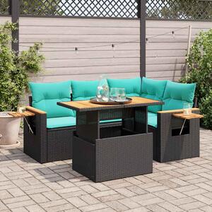 5 részes fekete polyrattan akácfa kerti kanapészett párnákkal