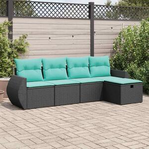 5 részes fekete polyrattan kerti kanapészett párnákkal
