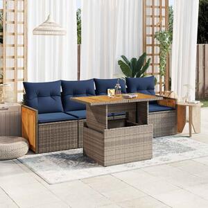 5 részes szürke polyrattan akácfa kerti ülőgarnitúra párnákkal